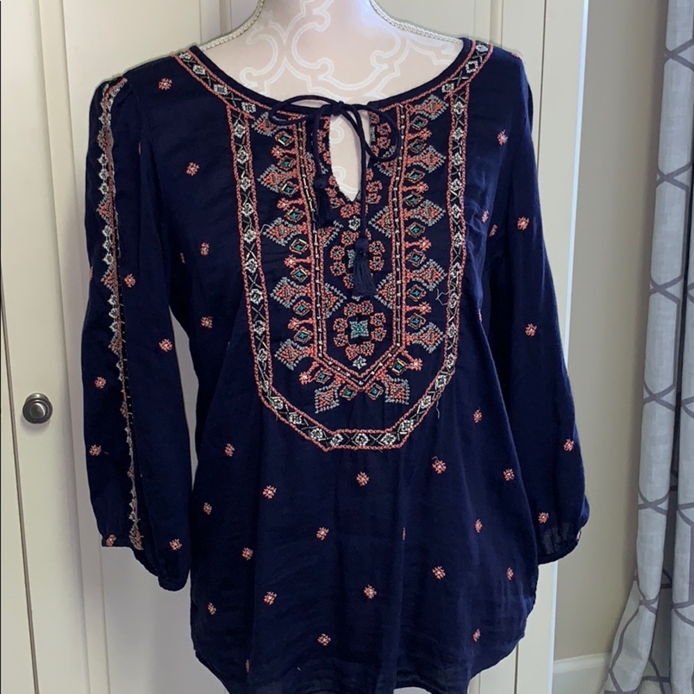 Navy embroidered beaded peasant style top